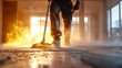 © Anastasiia - A worker cleans the floor of a construction site with a vacuum as the warm, golden light of the sunset streams through the windows, casting a dramatic glow and emphasizing the dust in the air.. AI