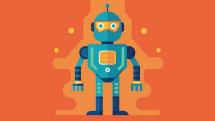 Poster - Friendly blue and green robot character standing against a simple turquoise background, showcasing a cheerful expression and modern design features
