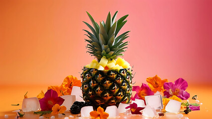 Pineapple fruit salad with ice and flowers