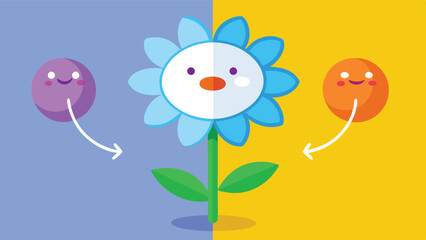 Poster - Cute vector illustration of a flower with smiling round characters on either side, showcasing a playful interaction in a colorful setting