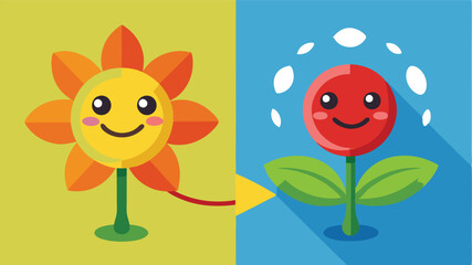 Poster - Cute vector illustration of a flower with smiling round characters on either side, showcasing a playful interaction in a colorful setting