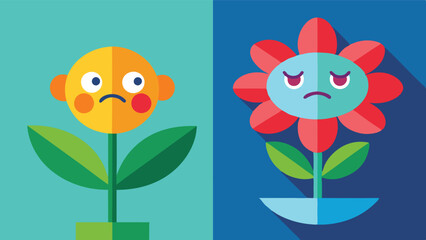 Poster - Cute vector illustration of a flower with smiling round characters on either side, showcasing a playful interaction in a colorful setting