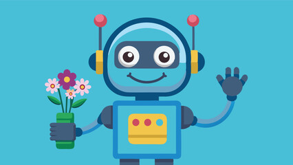 Poster - Friendly robot holding a bouquet of colorful flowers in a cheerful digital landscape