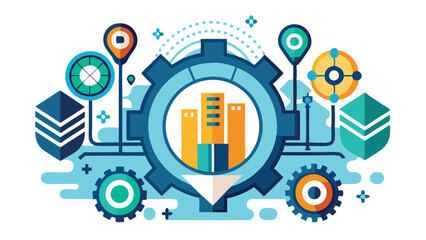 Aufkleber - Vector illustration depicting technology and data analysis within a gear structure featuring graphs and charts
