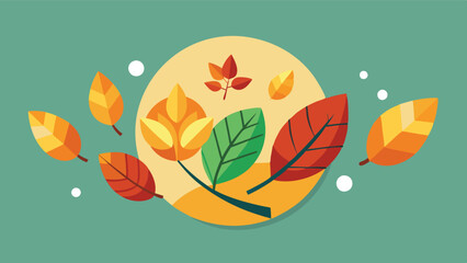 Poster - Vibrant autumn leaves swirling around a bright sun in a delicate vector illustration for seasonal decor and design