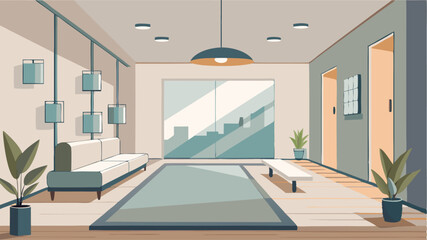 Poster - Modern vector depiction of a stylish living room showcasing minimalistic design elements and natural light during daytime