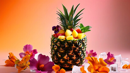 Wall Mural - Pineapple fruit salad with flowers