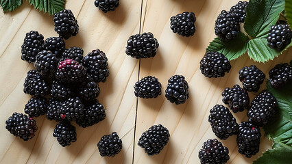 Wall Mural - Fresh blackberries on wooden background