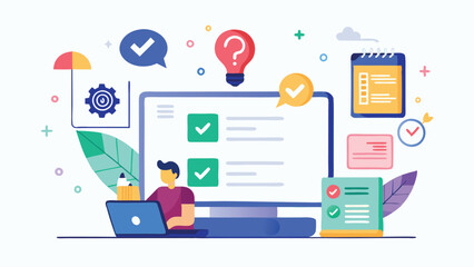 Leinwandbilder - Creative workspace design featuring a person using a laptop surrounded by various icons and illustrations related to productivity and planning