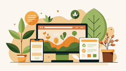 Aufkleber - Vector design showcasing digital gardening applications on computer and mobile devices with green plants surrounding them