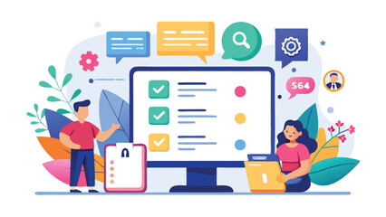 Leinwandbilder - Creative workspace design featuring a person using a laptop surrounded by various icons and illustrations related to productivity and planning
