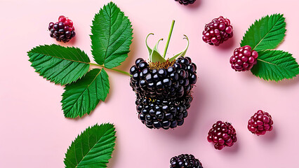 Wall Mural - Fresh blackberries and leaves on pink background