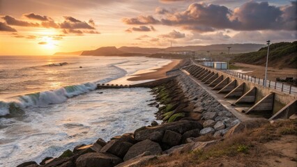 Wall Mural - golden hour sunlight illuminates a dramatic shoreline at sunset, with crashing waves hitting coastal