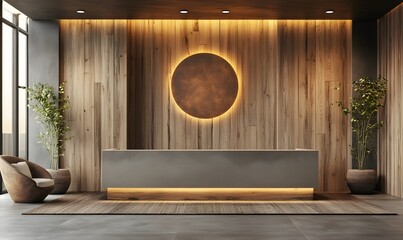 Poster - Stylish Wooden Lobby with Wall Logo Mockup and Contemporary Design