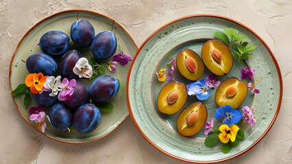 Canvas Print - Plums and flowers on plates