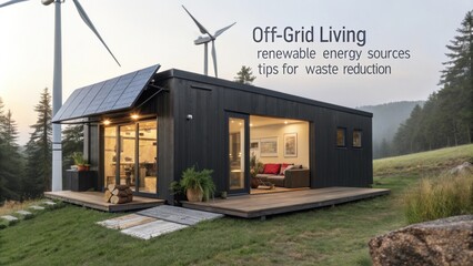 Wall Mural - Innovative tiny house showcases off grid living, powered by solar panels and a wind turbine, promoting renewable energy and sustainable practices in a tranquil natural setting