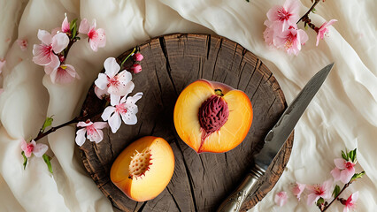 Canvas Print - Halved peach on rustic wood with blossoms