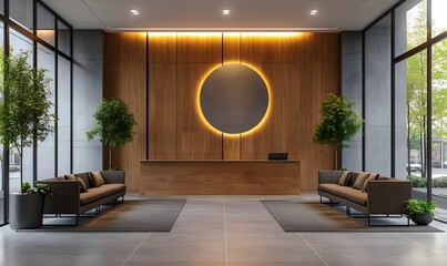 Poster - Wooden Office Waiting Room with Prominent Logo Mockup and Modern Decor