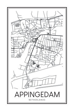 Printable downtown road map poster of the Dutch city of APPINGEDAM on solid white background with city name
