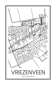 Printable downtown road map poster of the Dutch city of VRIEZENVEEN on solid white background with city name
