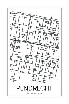 Printable downtown road map poster of the Dutch city of PENDRECHT on solid white background with city name