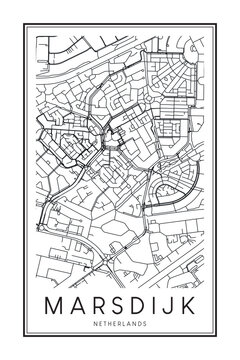 Printable downtown road map poster of the Dutch city of MARSDIJK on solid white background with city name