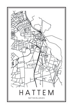 Printable downtown road map poster of the Dutch city of HATTEM on solid white background with city name
