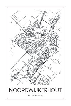 Printable downtown road map poster of the Dutch city of NOORDWIJKERHOUT on solid white background with city name