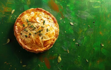 A savory meat pie with flaky crust and herbs, floating on a vibrant green background