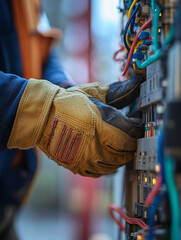Poster - Electrician engages with panel wiring while ensuring safety and precision