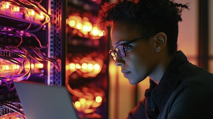 Poster - System administrator checking server status in data center using laptop