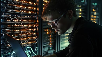Poster - It technician working on laptop in server room maintaining network security