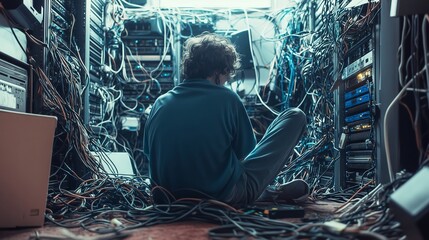 Poster - Technician working on tangled messy wires in server room