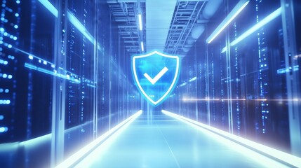 Poster - Server room security system showing check mark inside shield icon protecting data center
