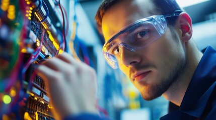 Poster - It engineer connecting wires in server room with blinking lights