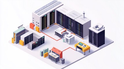 Poster - Datacenter with servers, network hardware and control consoles in isometric view