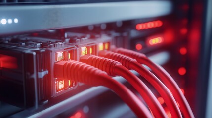 Poster - Red network cables connecting to server in data center