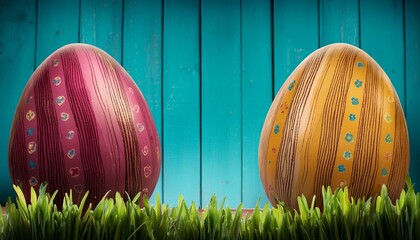 colorful easter egg double border in opposition to a country wood heritage