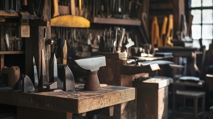 Poster - An inviting knife-making forge with anvils and forging tools, Steel blanks and hammering equipment neatly arranged, Craftsmanship style