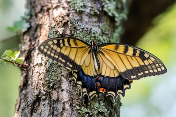 Wall Mural - A large butterfly perched at the top of a tree trunk