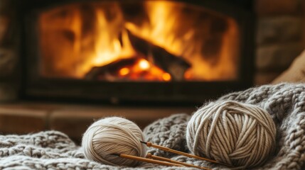 Poster - An inviting knitting nook by a fireplace, Yarn and needles meticulously placed, Cozy craft style