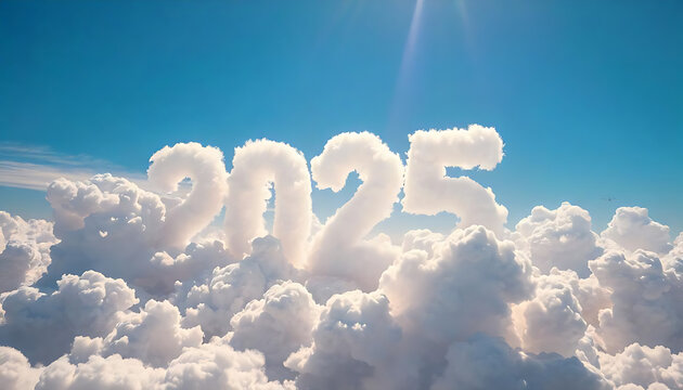 Clouds forming the numbers 2025 against a clear blue sky, Happy New Year 2025, celebration, banner, template, created with generative ai