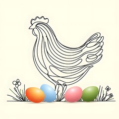 Colorful easter eggs and rooster line art on pastel background