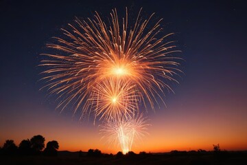 Wall Mural - fireworks in the sky with a sunset in the background