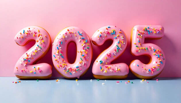 Pink glazed donuts arranged to form the numbers 2025, with sprinkles on a pink background, happy new year 2025, celebration , banner, template, created with generative ai