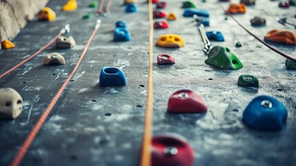 Poster - An inviting rock climbing wall in a modern gym, Climbing gear and ropes systematically placed, Urban fitness style