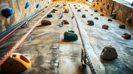 Poster - An inviting rock climbing wall in a modern gym, Climbing gear and ropes systematically placed, Urban fitness style