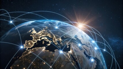 Poster - Planet earth with illuminated cities at sunrise is enveloped by a futuristic network of interconnected nodes, symbolizing global communication and data exchange in the vast expanse of space