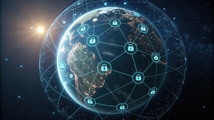 Poster - global network of privacy illustrating a digital globe surrounded by padlocks, representing the conc