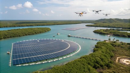 Wall Mural - Drones are flying over a floating solar farm in a tropical lagoon, monitoring the renewable energy production and ensuring efficient operation in a picturesque and sustainable setting